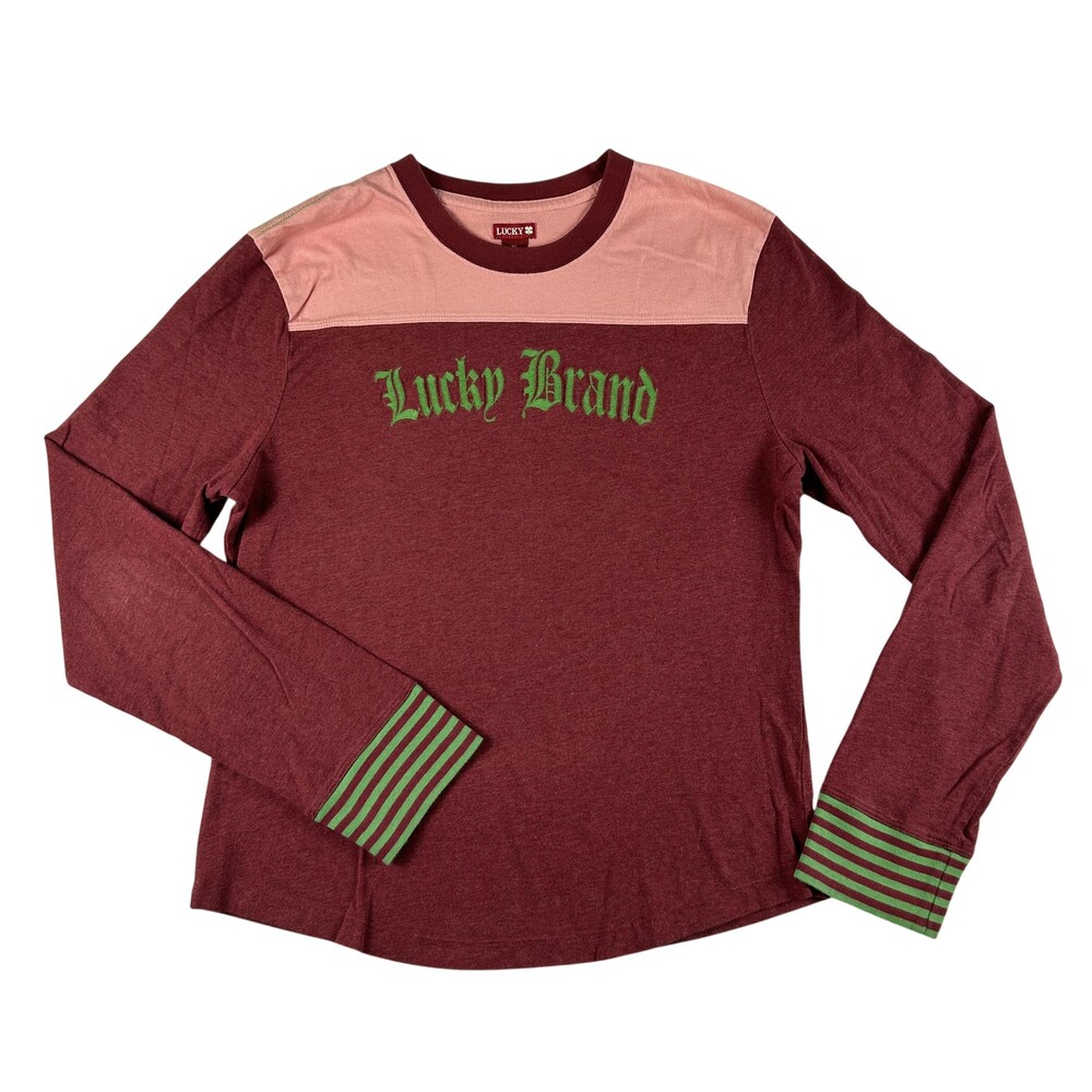 Lucky Brand Shirt Womens XL Colorblock Long Sleeve Crew Neck Striped Cuff Y2K